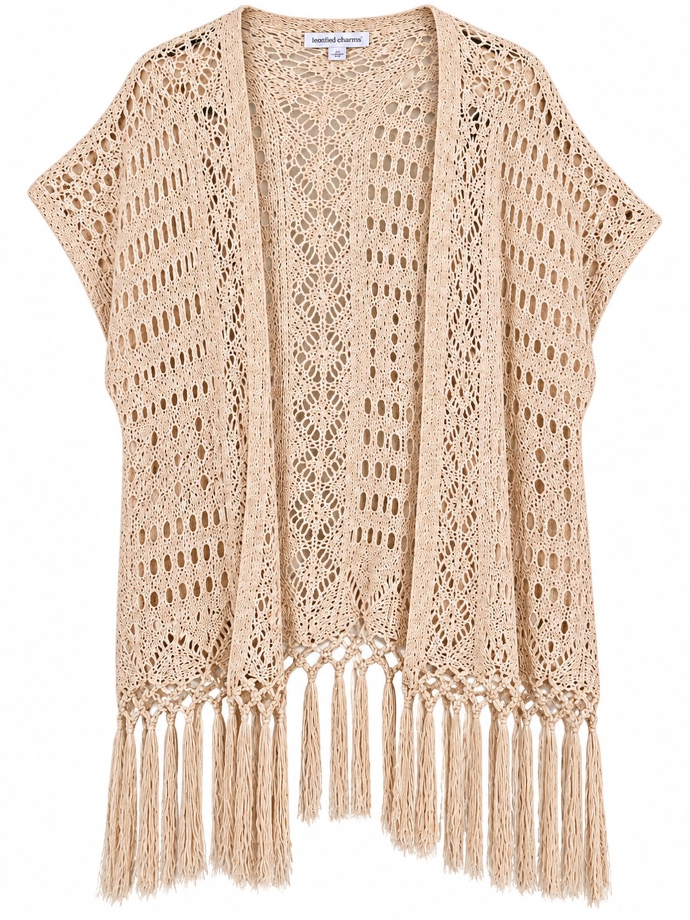 Beige Crochet Fringe Open-Front Shaw